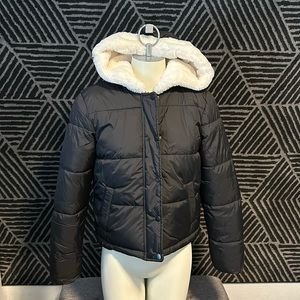 Black Cropped Puffer Jacket with White Faux Fur Hood Size S